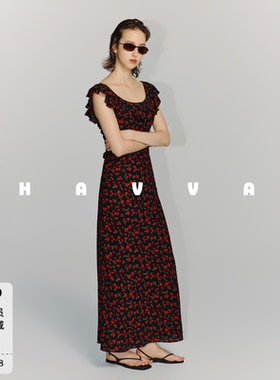 HAVVA双领型荷叶边前后两穿碎花连衣裙修身长裙2026夏季Q3-23940
