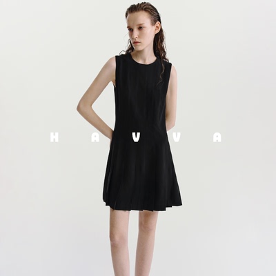 HAVVA气质无袖短款小黑裙收腰修身压褶女士连衣裙2026春夏Q2372