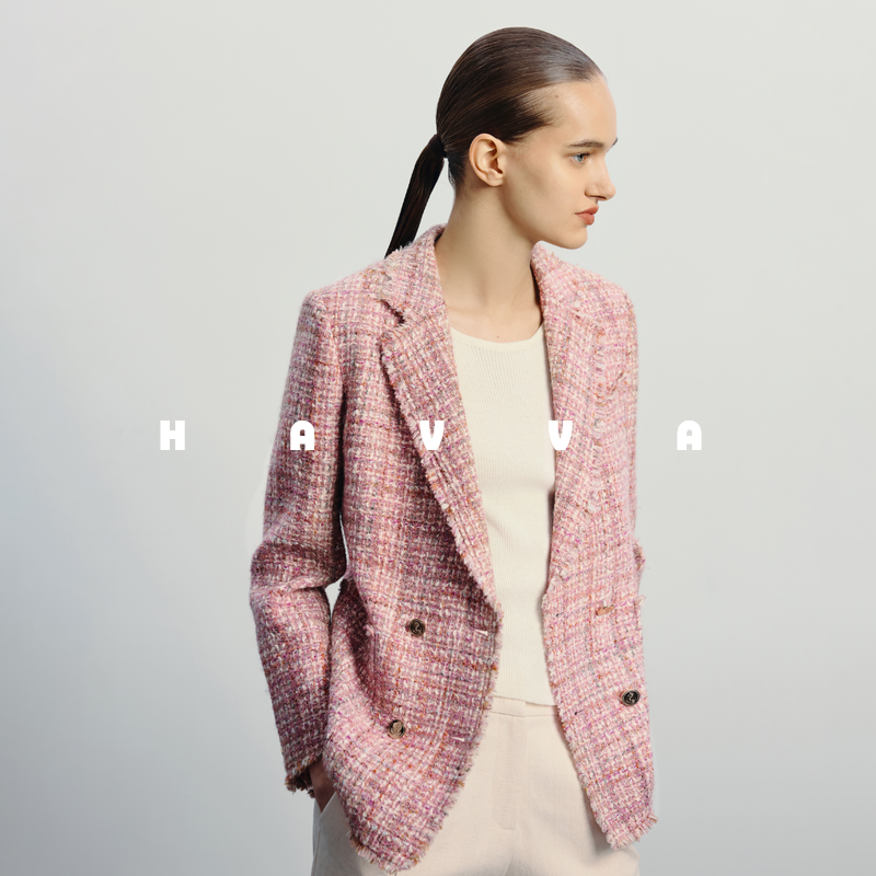 HAVVA高级感粗花呢西装外套女气质格纹西服上衣2025秋季R3-00481