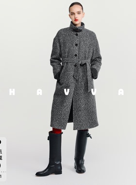 HAVVA简约高级感立领带腰带毛呢大衣中长款女士外套2025冬N3-4131