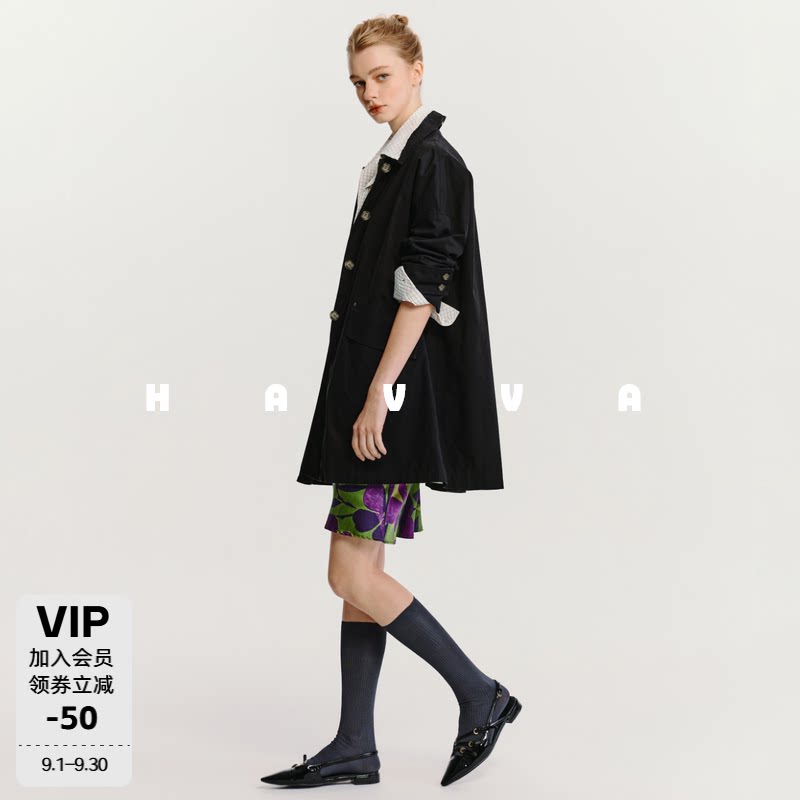 HAVVA精裁率性H版型翻领中款外套遮胯藏肉风衣2026秋季F3-49130图片