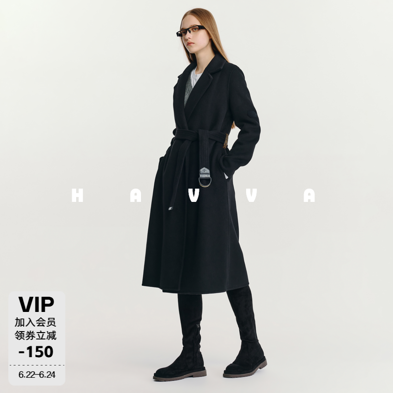 HAVVA带腰带毛呢大衣中长款