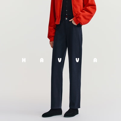 HAVVA加绒加厚直筒牛仔裤女视觉显瘦显腿长裤子2025冬季KH3-3794