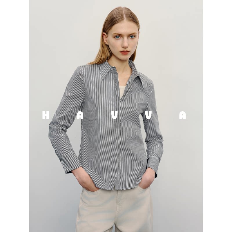 HAVVA设计感简约通勤上衣经典条纹长袖女士衬衫2026春季C3-02980 - havva旗舰店出品