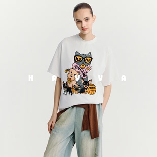 HAVVA短袖 上衣ins风设计感小众2025夏季 印花半袖 1522 t恤短款