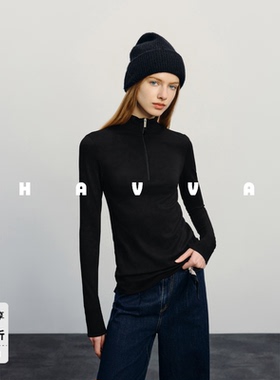 HAVVA可翻领可立领长袖T恤弹力修身女士上衣2026春季T3-29540