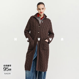 HAVVA设计感大口袋针织开衫女宽松落肩袖中长款外套2025秋L3-4430