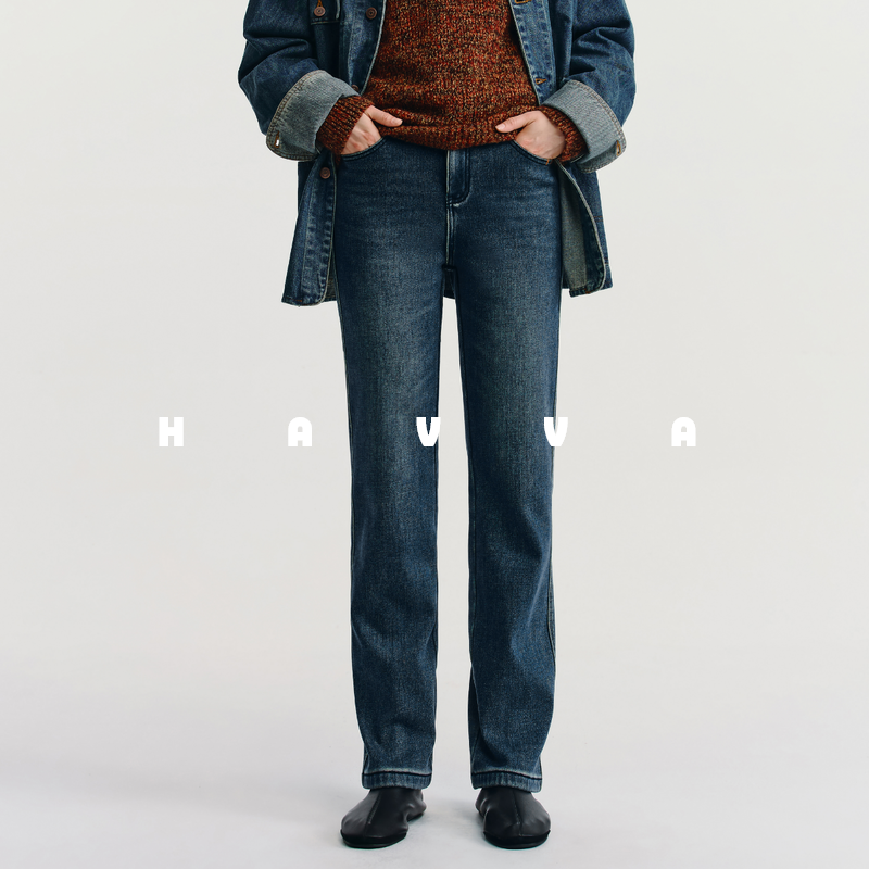 HAVVA复古窄版加绒加厚牛仔裤舒适微弹女士裤子2025年冬KH3-5173