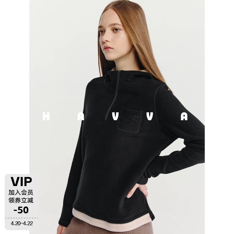 HAVVA半拉链连帽拼色下摆长袖卫衣舒适显瘦女上衣2026春季V3-4648