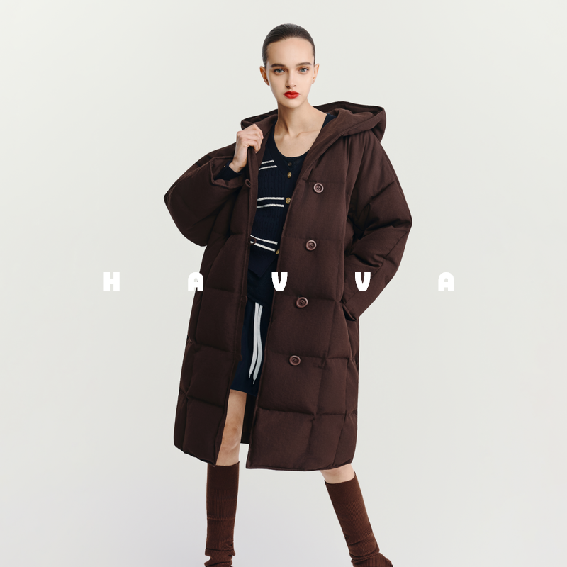 HAVVA哑光感高充绒量加厚羽绒服宽松直筒连帽外套2025冬Y3-2631