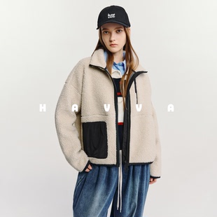 HAVVA拼色舒适羊羔毛立领外套保暖绒感女士外套2025冬季 2471