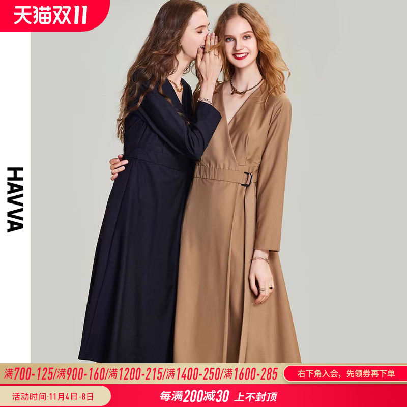 HAVVA2023秋冬新款长袖连衣裙女气质v领显瘦高腰a字大摆裙子Q9486