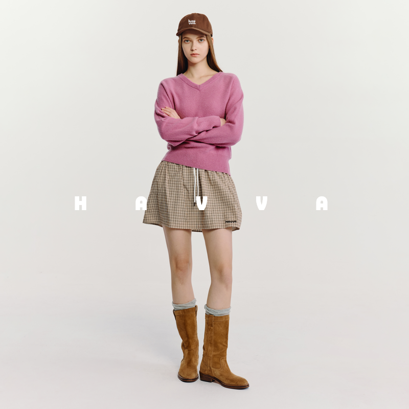 HAVVA复古慵懒风毛衣舒适软糯V领女士针织衫上衣2025秋冬M3-2680