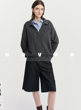 HAVVA慵懒感Polo小V领宽松绞花毛衣保暖针织衫2025秋冬M3-4818