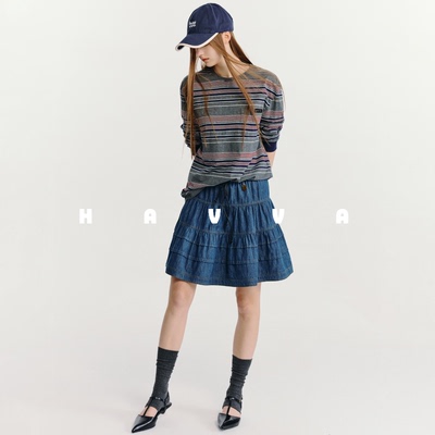 HAVVA松紧腰抽绳牛仔蛋糕裙A字版型显瘦女士短裙2026夏季S3-1688