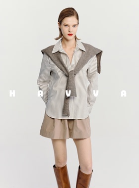 HAVVA设计感条纹长袖衬衫宽松舒适显瘦女士上衣2026春季C3-4979