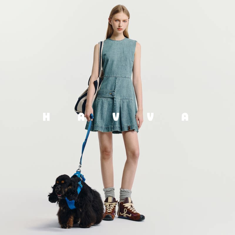 HAVVA设计感无袖背心连衣裙短款A字收腰女牛仔裙2026春夏Q3-3707
