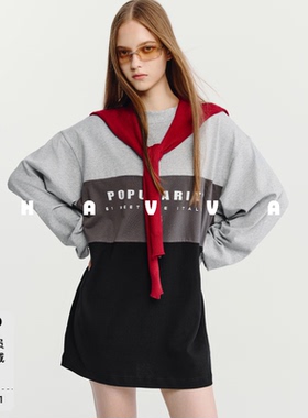 HAVVA设计感撞色美学拼接长袖连衣裙短款女士裙子2026春夏Q3-4075