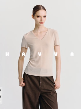HAVVA高级感V领短袖T恤修身显瘦好穿搭女士针织衫2026夏季T3-3485