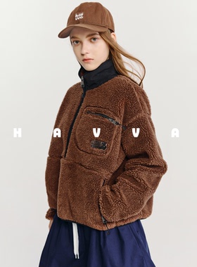 HAVVA舒适摇粒绒感套头衫仿生皮草外套女士保暖上衣2025冬P3-0261