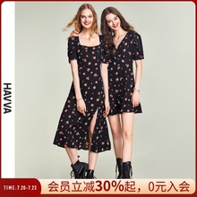 HAVVA法式方领黑色碎花连衣裙女开叉显瘦通勤垂感裙子2025夏Q2100