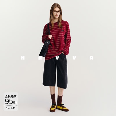 HAVVA【红运好运新年系列】条纹长袖T恤女宽松上衣2026春T3-4327