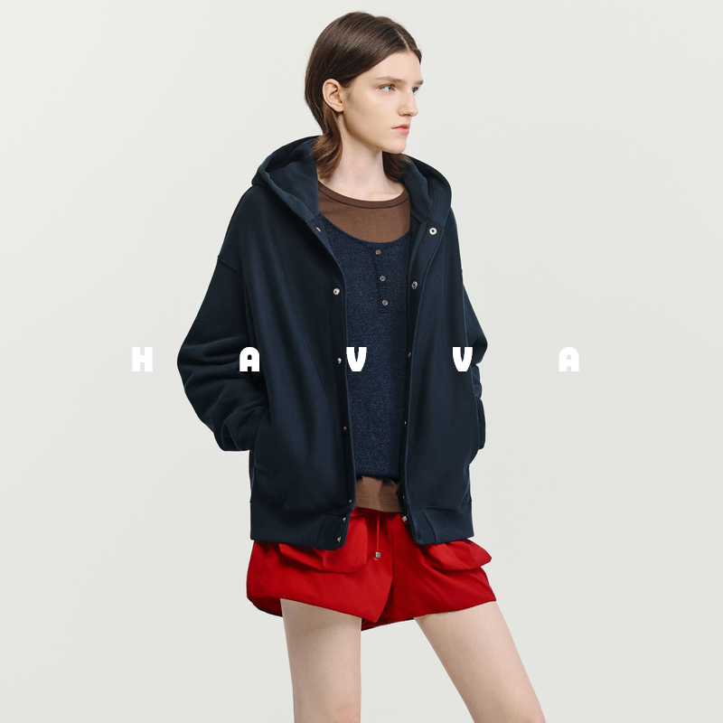 HAVVA宽松连帽开衫加绒加厚短卫衣外套女士上衣2026春季W3-4770