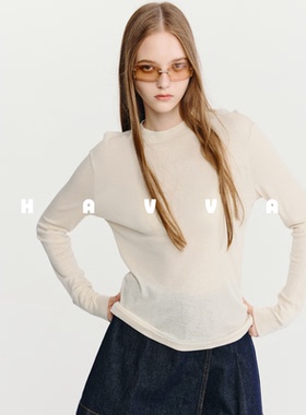 HAVVA休闲圆领薄款长袖T恤舒适设计感袖口女上衣2026春季T3-5269