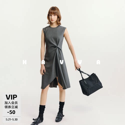 HAVVA圆领无袖扭结连衣裙不规则开叉设计女士裙子2026夏季Q73032