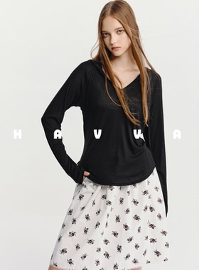 HAVVA微透连帽长袖T恤舒适弹力女士套头打底衫2026年春季T3-5005