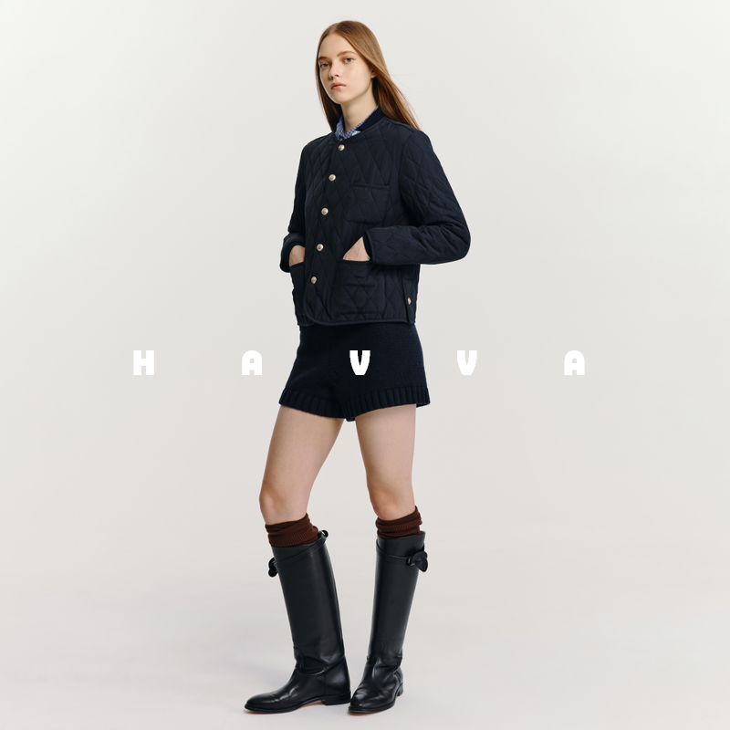HAVVA菱形格圆领保暖棉服外套好穿搭轻便女士上衣2025秋冬A3-2552