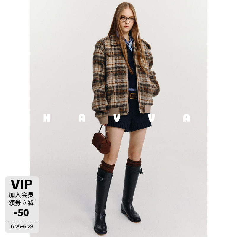 HAVVA经典美学拼色格纹毛呢外套舒适保暖女士上衣2025冬季N3-2905