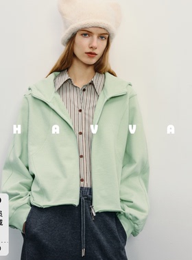 HAVVA双股精梳长绒棉质感连帽卫衣散边下摆女上衣2026春季W3-3754