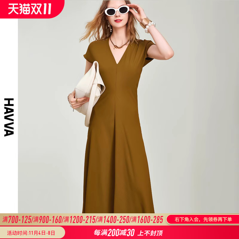 HAVVA2023夏季新款法式连衣裙女气质v领中长款裙子短袖a字裙Q2255