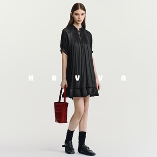 3542 女士裙子2025夏Q3 HAVVA荷叶边A字版 蛋糕连衣裙百褶宽松短款