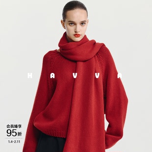 HAVVA【红运好运新年系列】毛衣+围巾两件套女上衣2025冬M3-4356