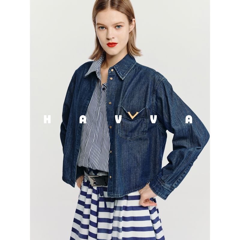 HAVVA设计感水洗翻领牛仔外套短款宽松女士上衣2026春季W3-4955,女装/女士精品,短外套,淘宝优惠券,粉丝福利购,淘宝优惠卷