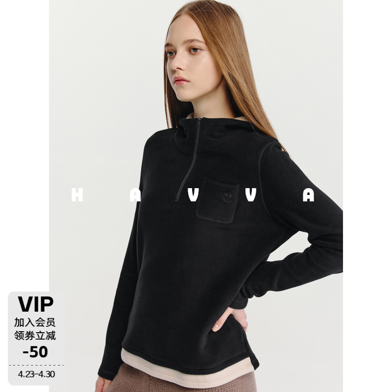HAVVA半拉链连帽拼色下摆长袖卫衣舒适显瘦女上衣2025秋冬V3-4648
