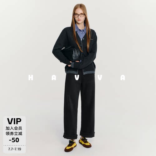 HAVVA直筒加绒加厚牛仔裤