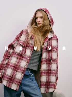 HAVVA减龄高级感格子加厚毛呢外套连帽女呢子上衣2025冬季N29080