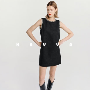 5100 小香风女士裙子2026年春Q3 HAVVA法式 减龄显瘦连衣裙毛边无袖