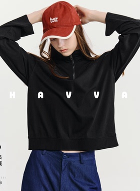 HAVVA半拉链立领宽松长袖T恤舒适棉感女士上衣2026秋季T3-5255
