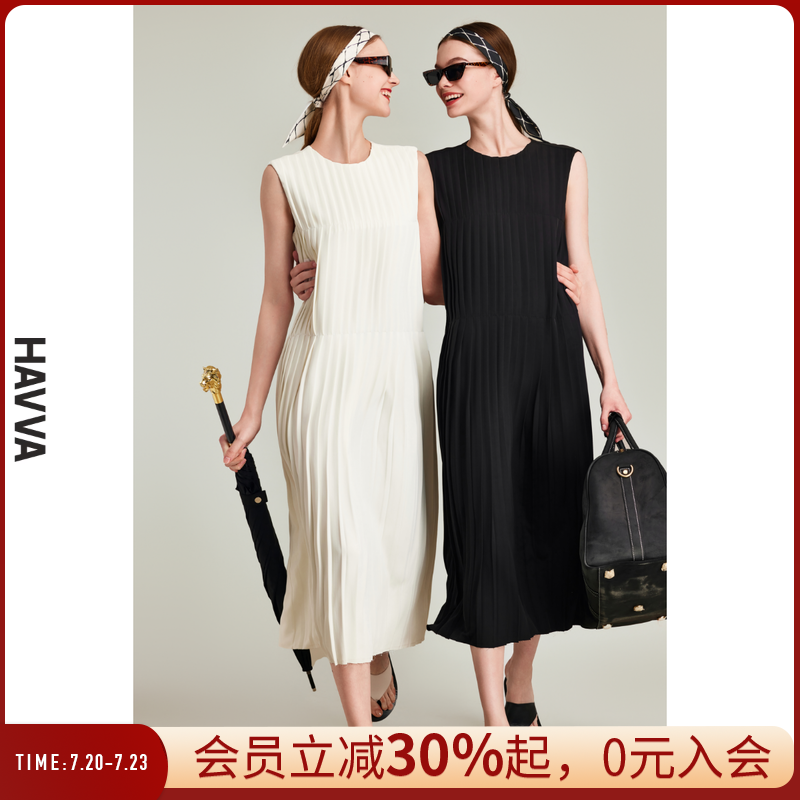 HAVVA设计感露背无袖百褶连衣裙带腰带收腰女士中裙2025夏Q3-2117