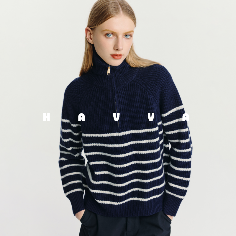 HAVVA舒适好穿条纹毛衣宽松慵懒插肩撞色条纹针织衫2025冬M3-4597