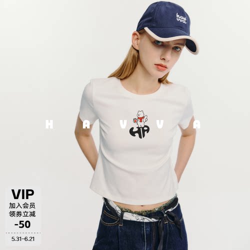 HAVVA街头风Crop top正肩微修身短款印花短袖T恤2026夏季T3-6940