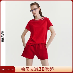 T恤设计感正肩女士上衣2025夏T3 HAVVA手工钉珠点缀圆领短袖 3486