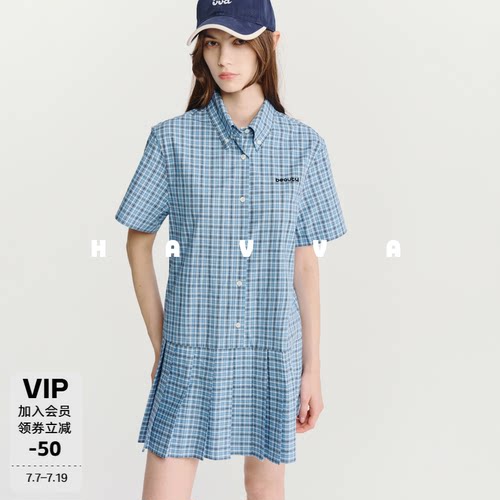 HAVVA格纹翻领短袖百褶连衣裙