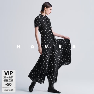连衣裙收腰显瘦女士裙子2026夏季 Q2248 波点中长款 HAVVA飘带领短袖