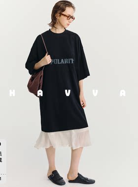HAVVA中长款印花短袖T恤连衣裙