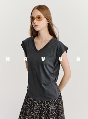 HAVVA松弛感V领无袖T恤两侧抽褶设计显瘦女士上衣2026夏季T3-1102